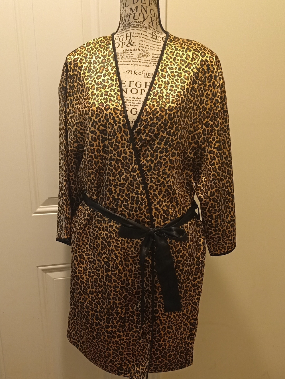 Secret Treasures Leopard Satin Wrap Robe in Gold and Black Trim
